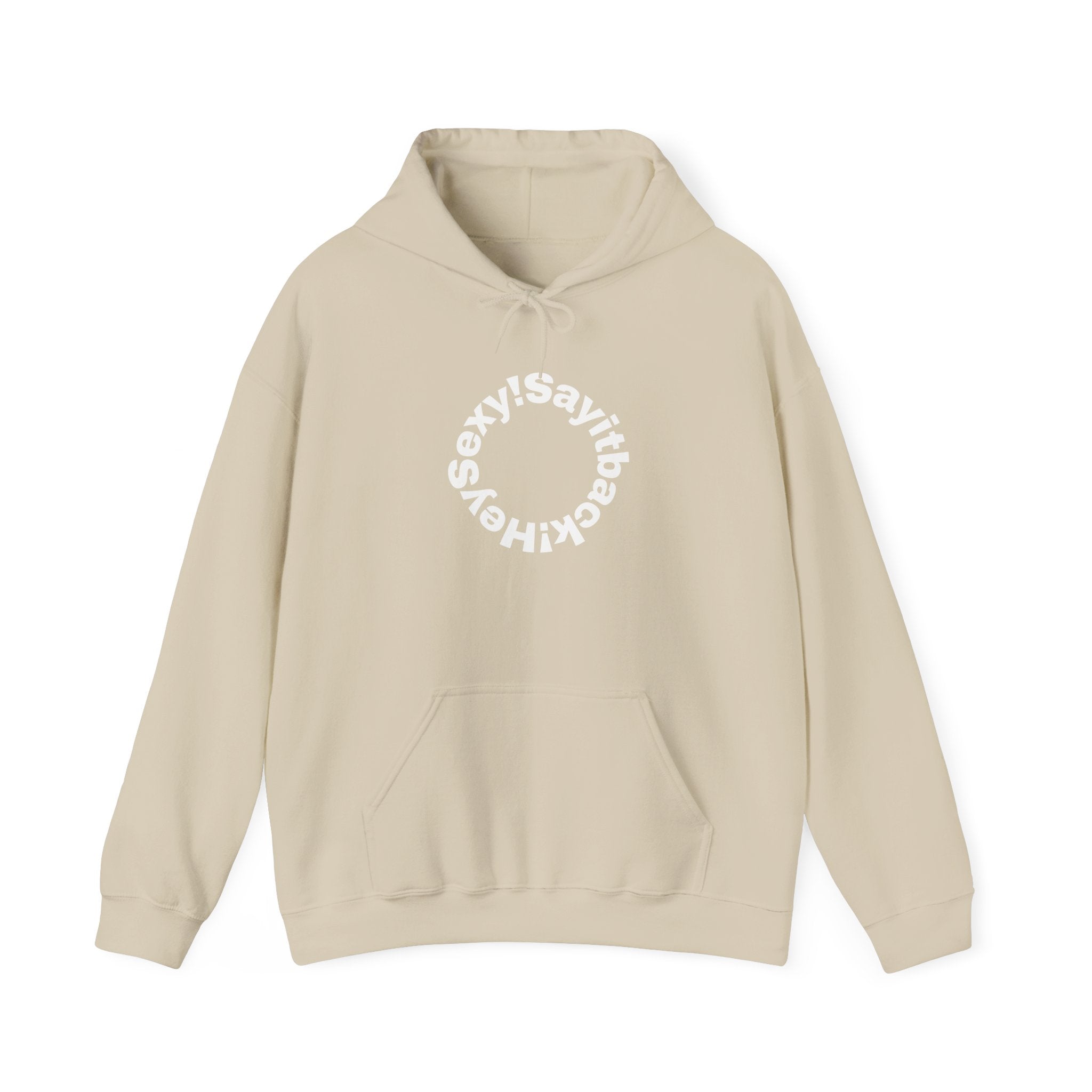 Hoodie "Say It Baby Sexy" Circular Text Graphic – Minimal White Pullover