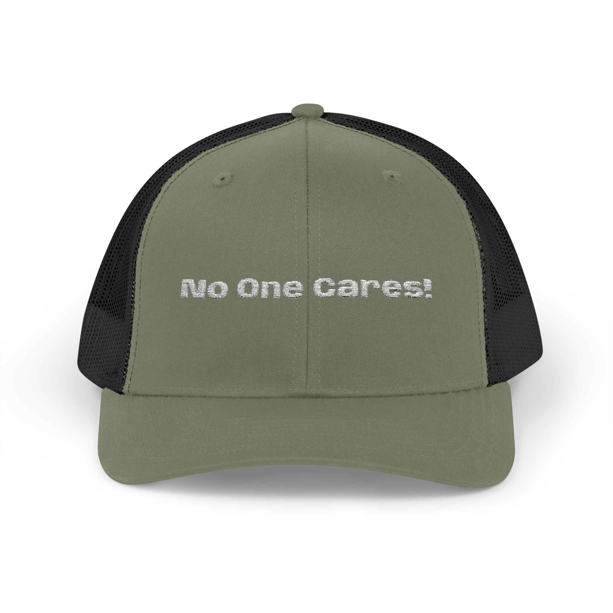 Trucker Cap — "No One Cares!" Embroidered Mesh Snapback