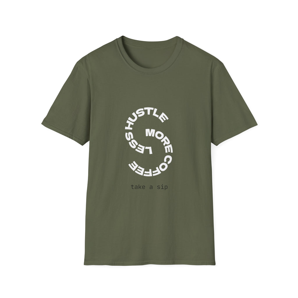 T-Shirt — “More Coffee Less Hustle” Minimalist Crew Tee