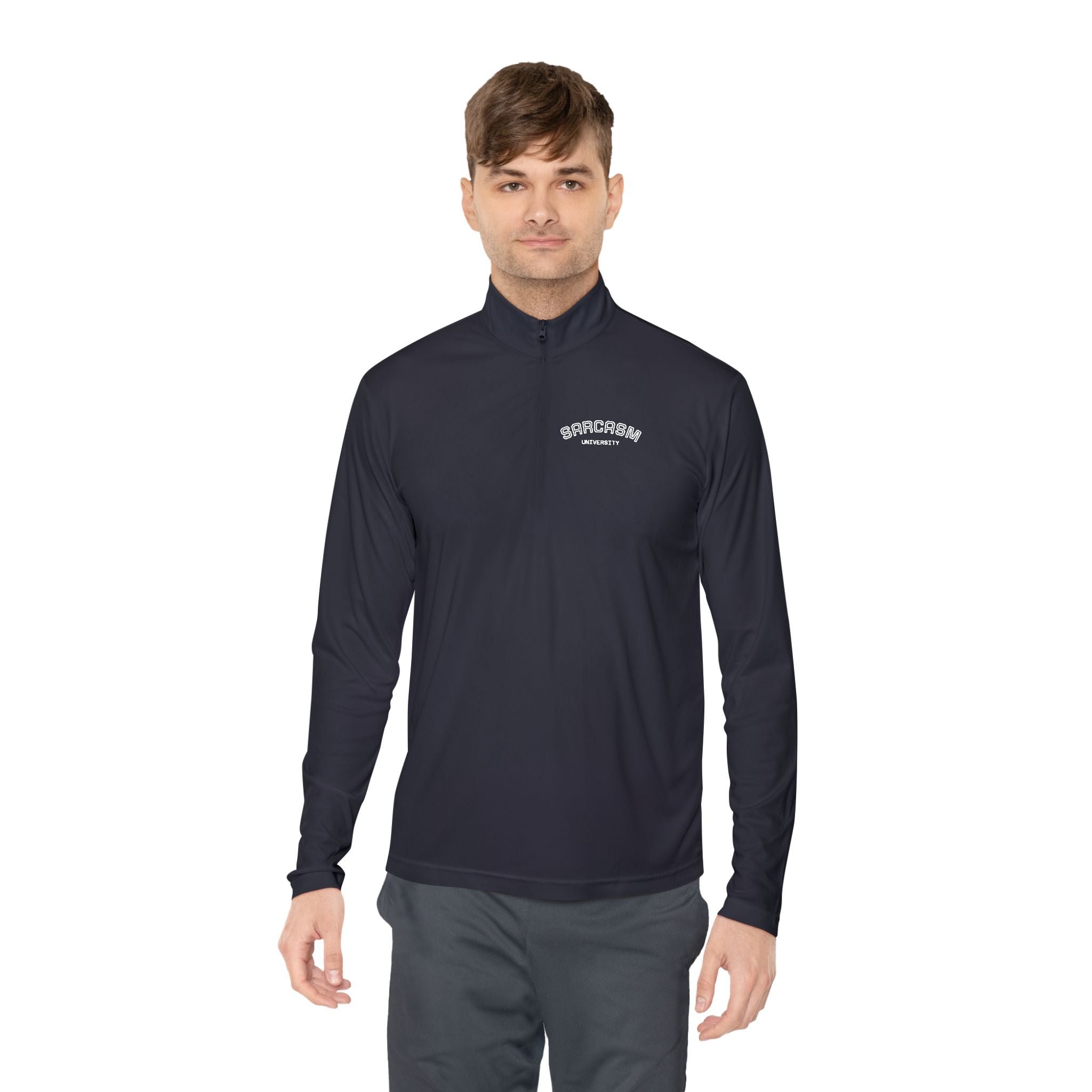 Sarcasm Club Quarter-Zip Pullover — Minimal Embroidered Chest Design