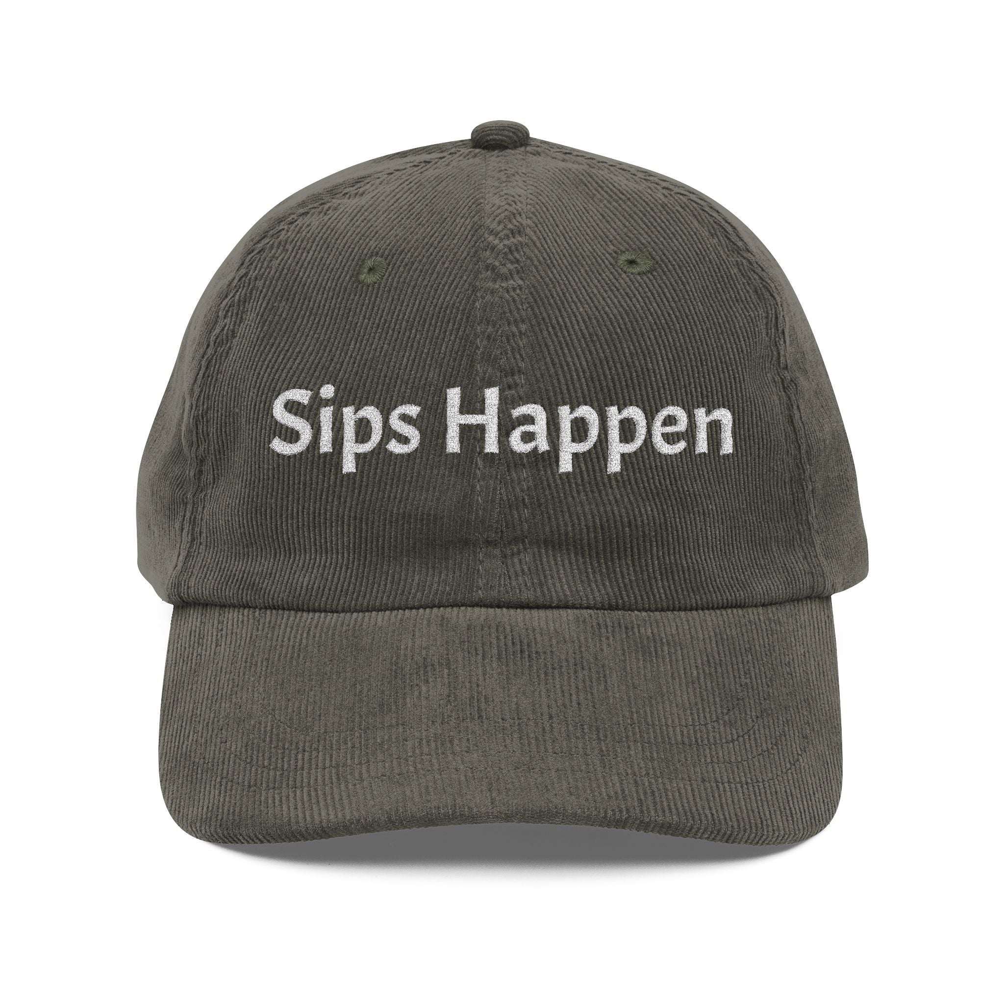 Sips Happen Embroidered Corduroy Cap — Vintage Wine & Coffee Dad Hat