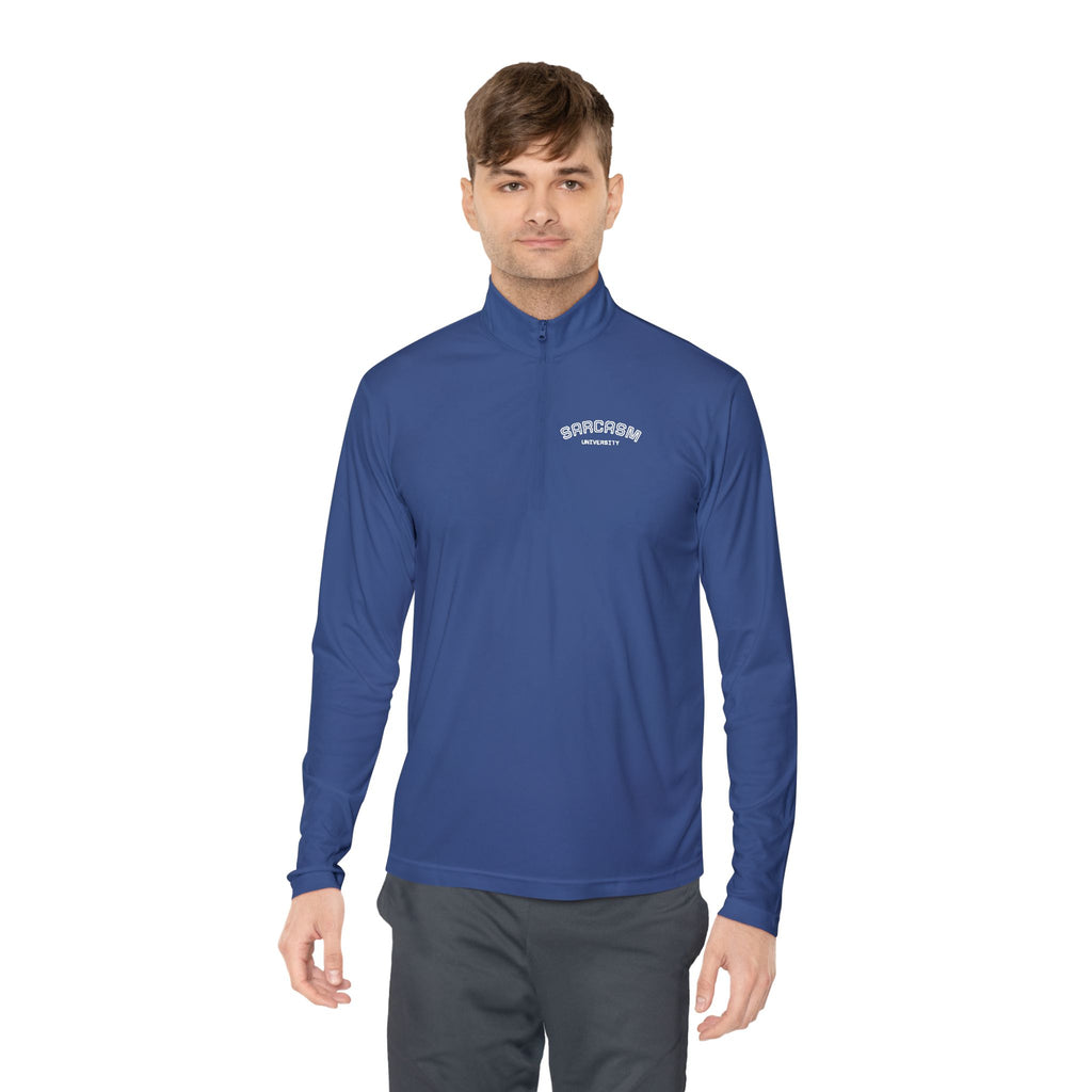 Sarcasm Club Quarter-Zip Pullover — Minimal Embroidered Chest Design