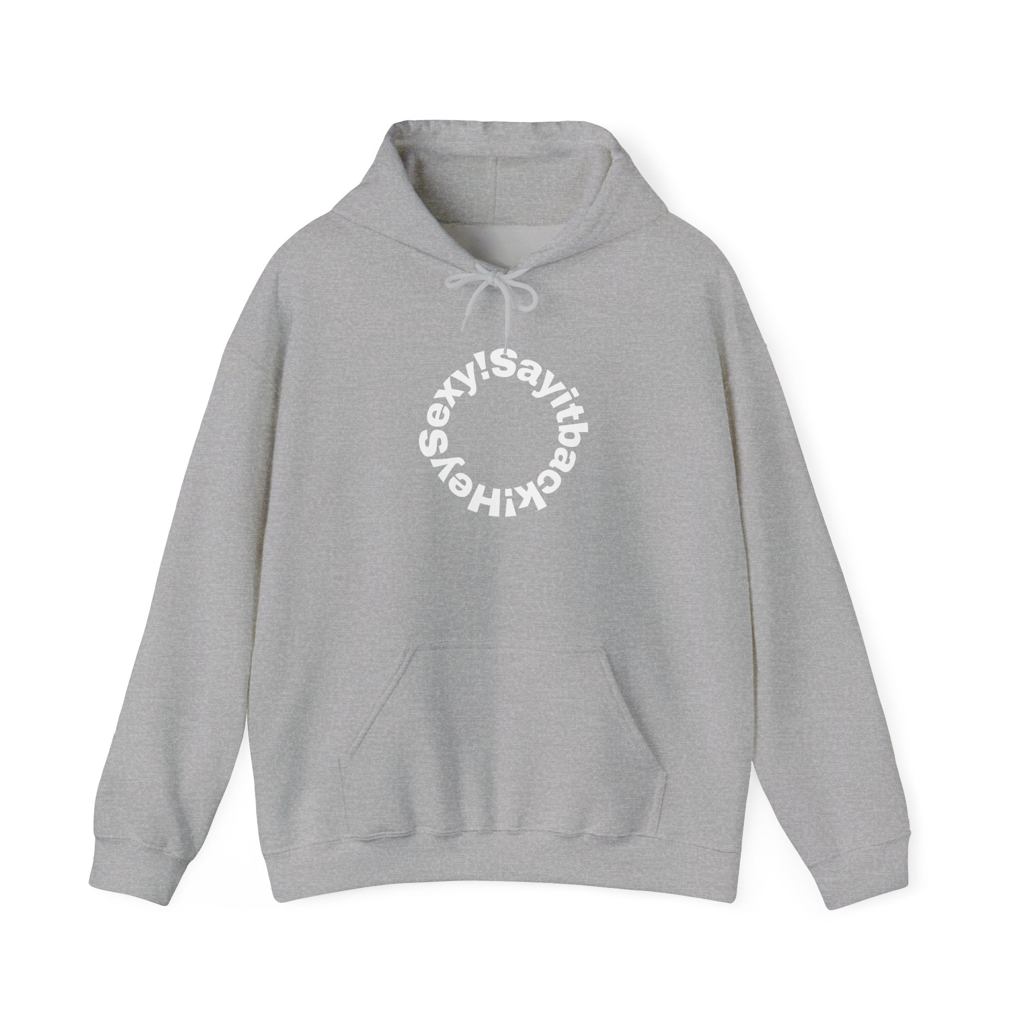 Hoodie "Say It Baby Sexy" Circular Text Graphic – Minimal White Pullover