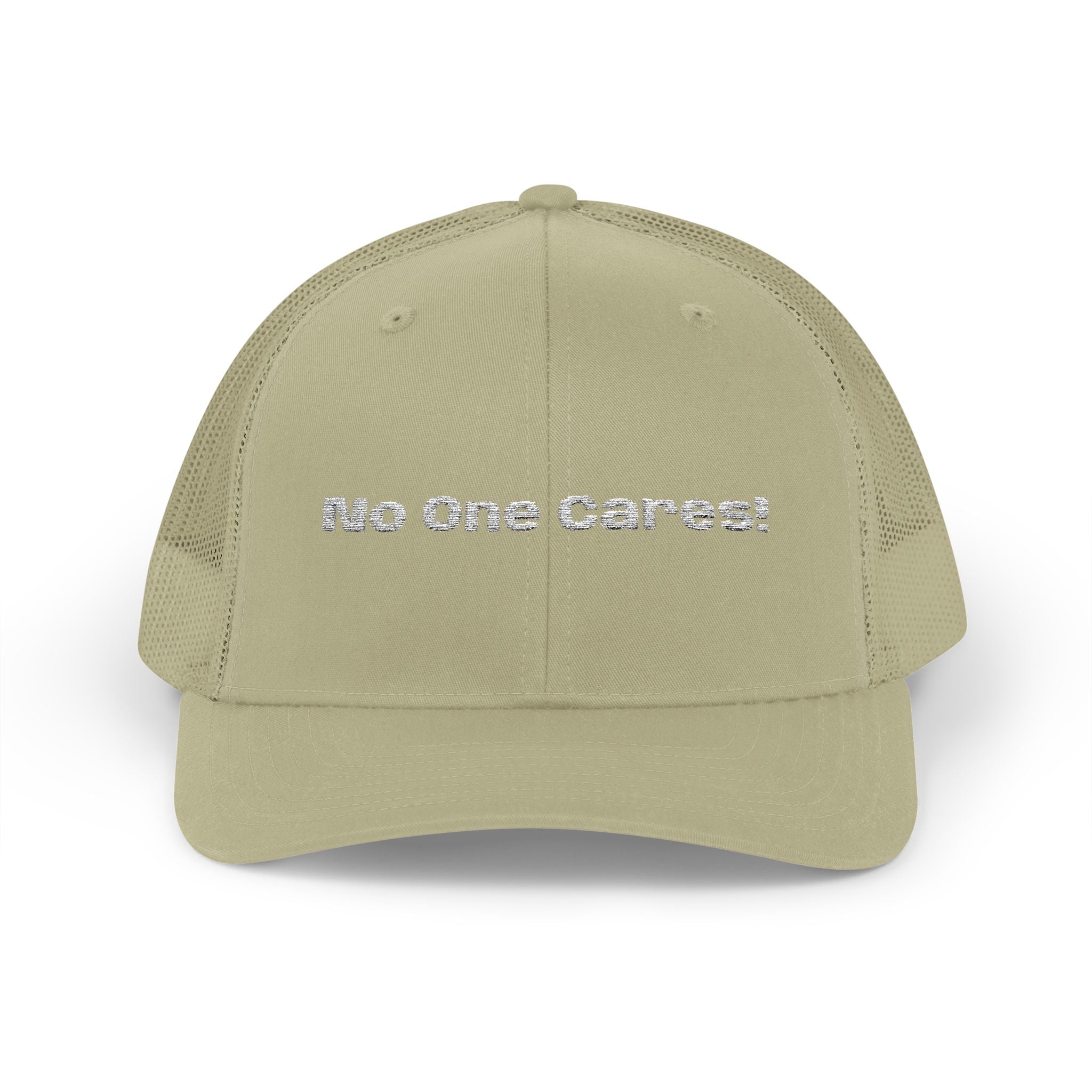 Trucker Cap — "No One Cares!" Embroidered Mesh Snapback