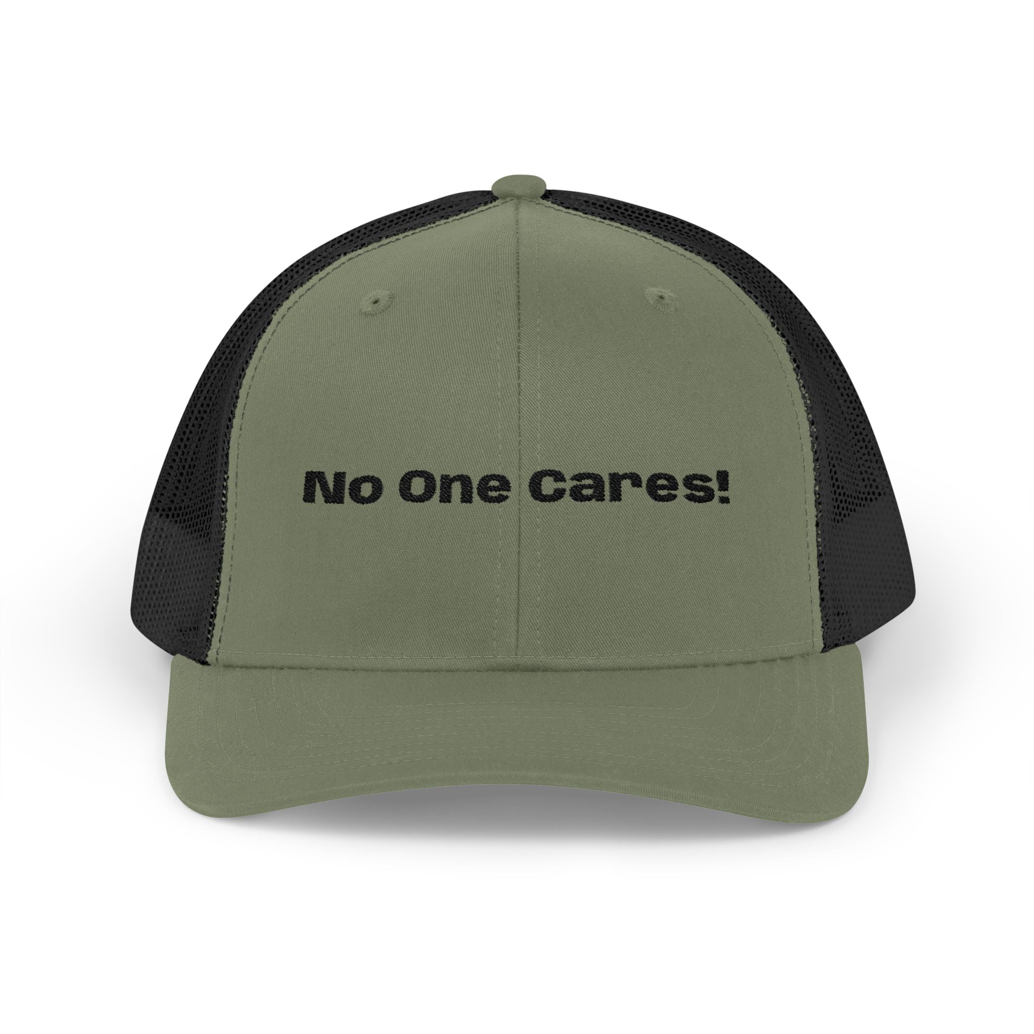 Trucker Cap — "No One Cares!" Embroidered Mesh Snapback
