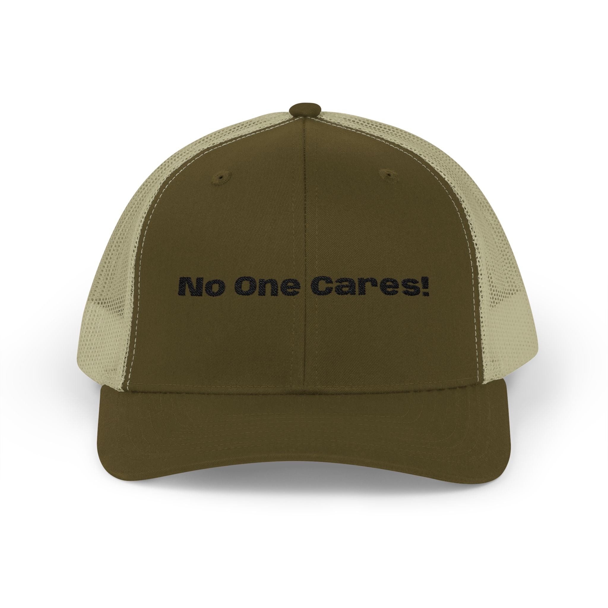 Trucker Cap — "No One Cares!" Embroidered Mesh Snapback