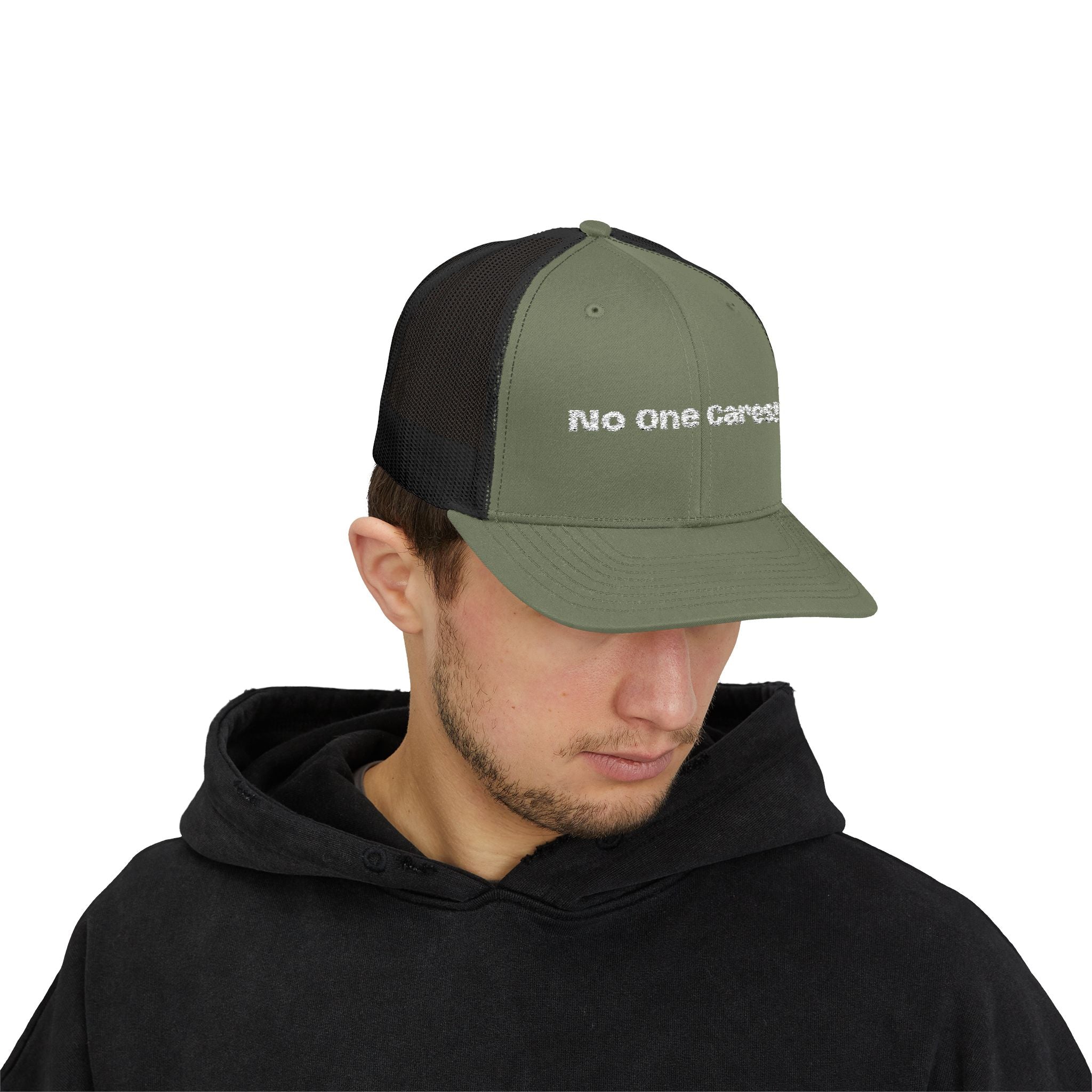 Trucker Cap — "No One Cares!" Embroidered Mesh Snapback