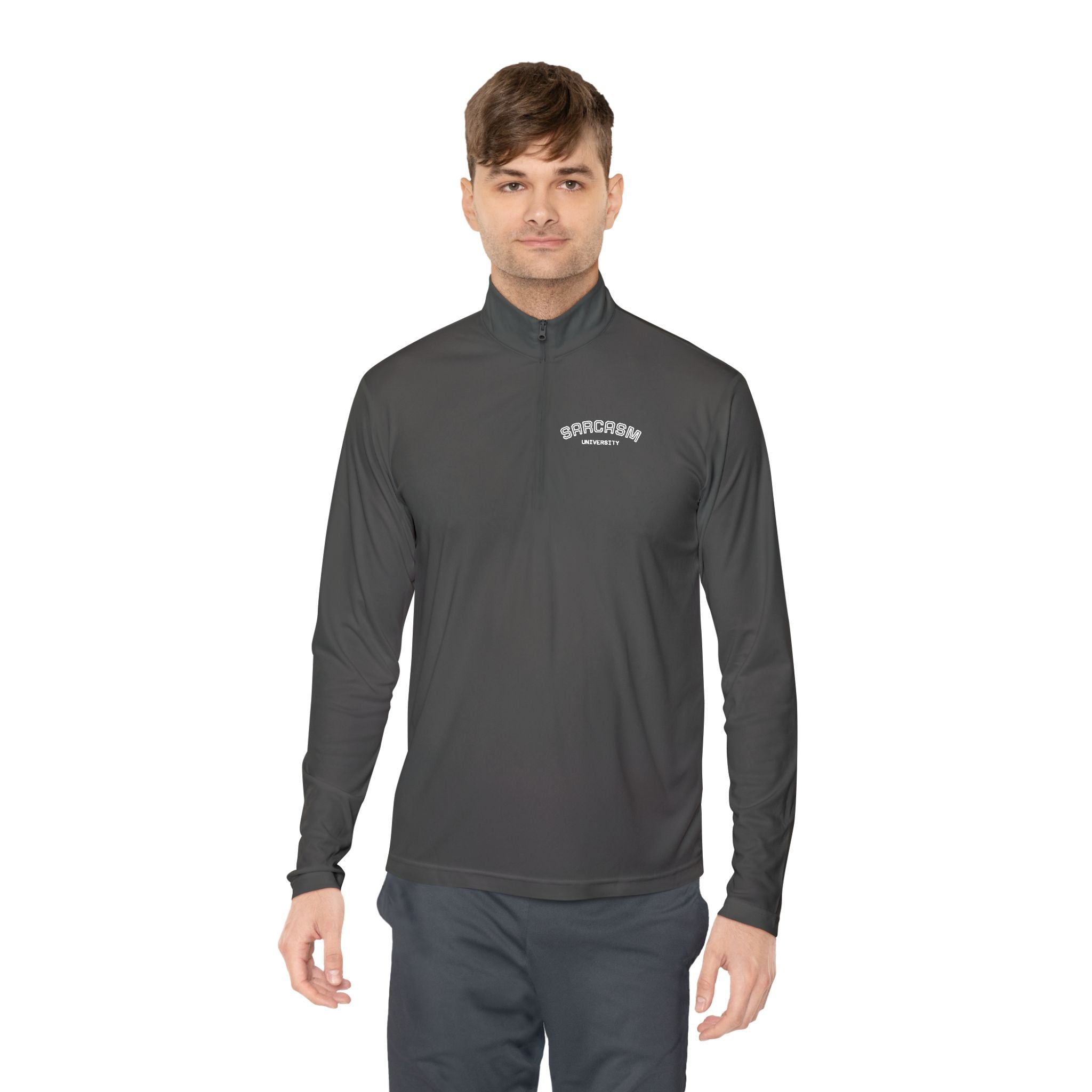 Sarcasm Club Quarter-Zip Pullover — Minimal Embroidered Chest Design